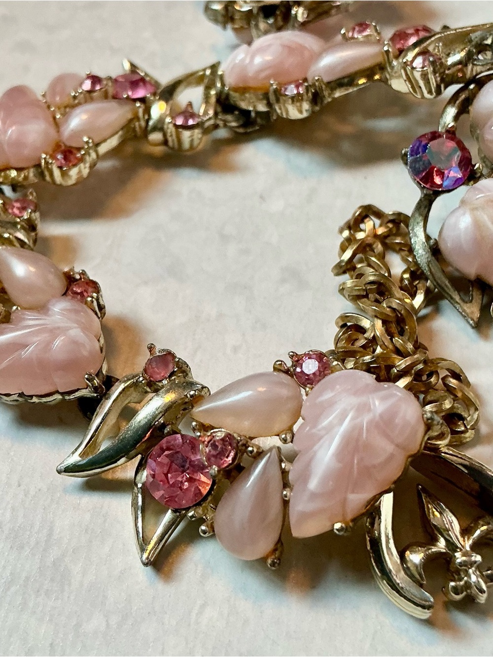 Vintage Rousseau Set Pink Molded Frosted Lucite AB Rhinestone Choker & Earrings